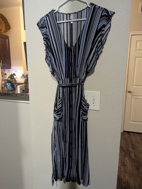 Xhilaration Black and Blue Striped Button Midi Dress